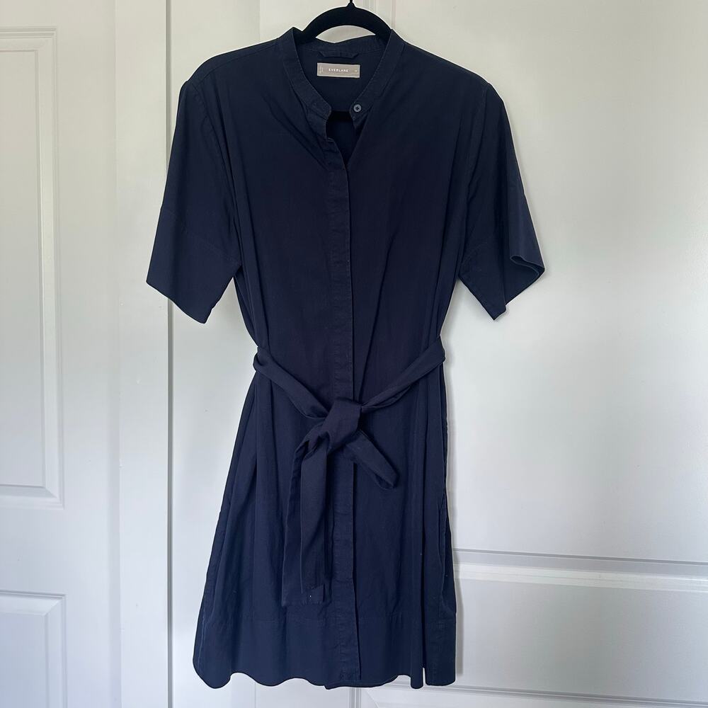 Everlane 10 Navy Blue Belted Poplin Cotton Button Up Above Knee Dress Minimalist - Picture 2 of 7
